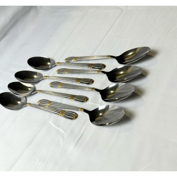 Stainless Steel Soup Spoons Ribbed Handle Silver W/Gold Accent Set of 8 Modern - Picture 3 of 8